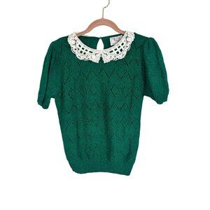 Retro Knit Sweater Floral Lace M Green Cottagecore Preppy Feminine Classic Chic